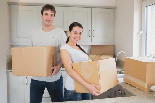Professional removals service handling packed boxes in Newham