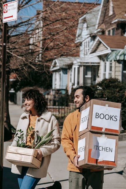 A man and woman walking outside a residential area during daytime, each carrying cardboard boxes labeled with items for a home relocation. The woman is holding a smaller box with a plant, while the ma